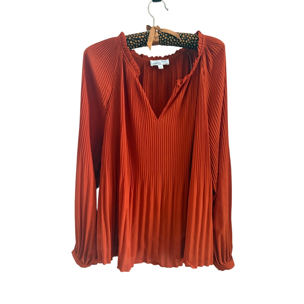 Grace & Lace Rust Orange‎ Pleated V-Neck Balloon Sleeve Blouse Top Small